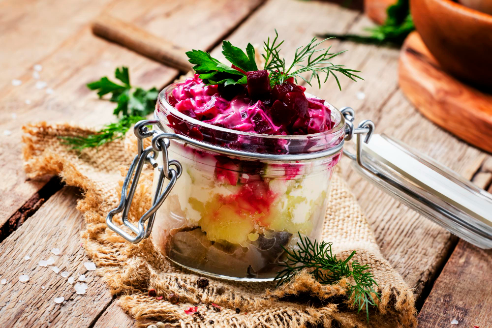 Traditional Russian Salad With Herring Vegetables Vintage Wooden Background Selective Focus