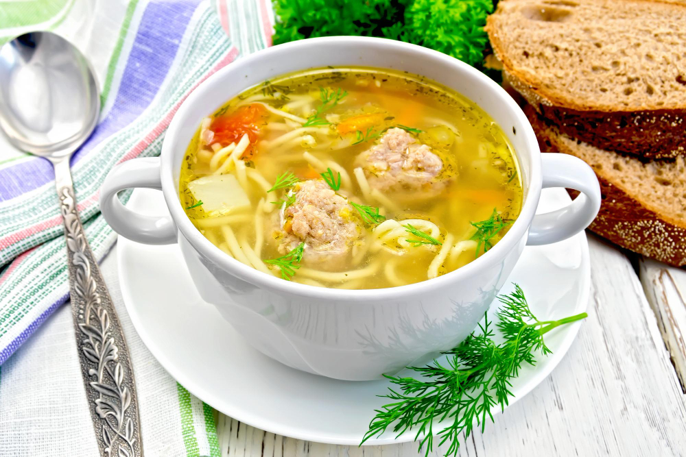 Soup With Meatballs Noodles Bowl Board
