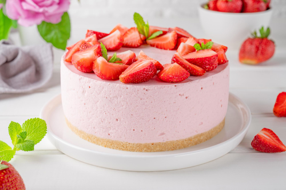 No Bake Cheesecake With Fresh Strawberries Summer Dessert Selective Focus Copy Space