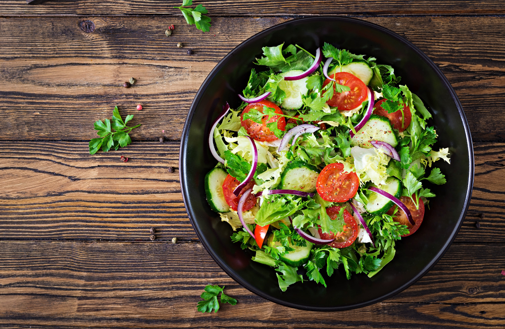 Salad From Tomatoes Cucumber Red Onions Lettuce Leaves Healthy Summer Vitamin Menu Vegan Vegetable Food Vegetarian Dinner Table Top View Flat Lay