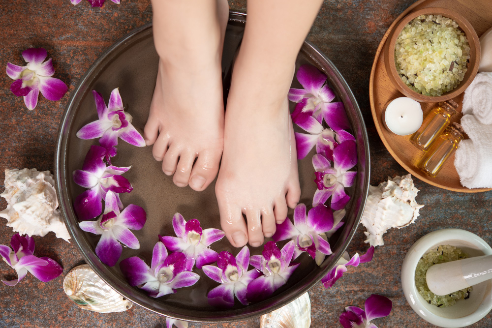 Spa Treatment Product Female Feet Hand Spa Orchid Flowers Ceramic Bowl