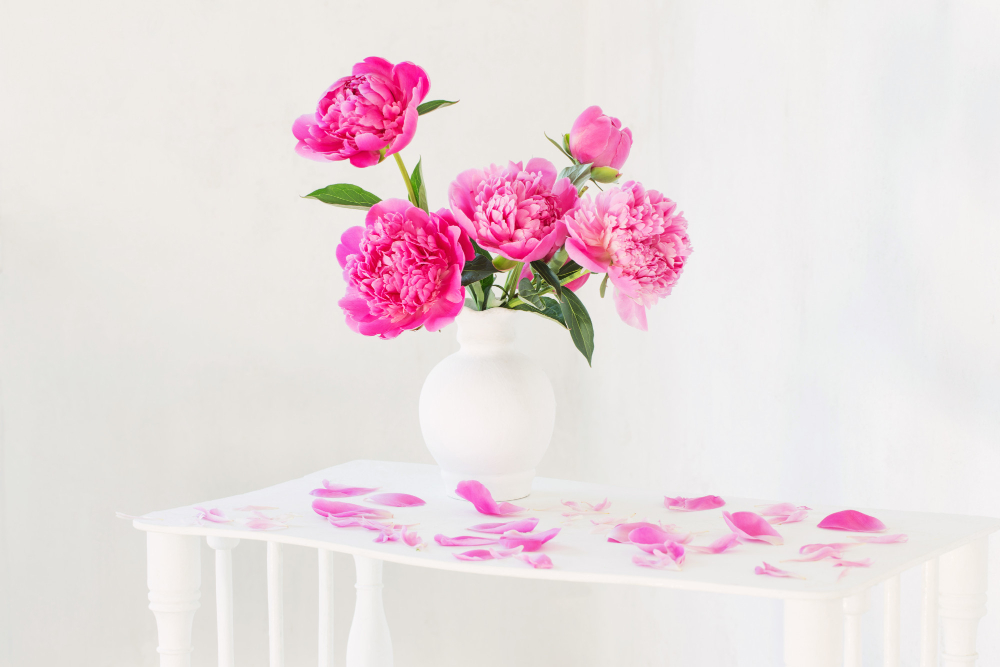 Pink Peonies Vase Vintage White Wooden Shelf