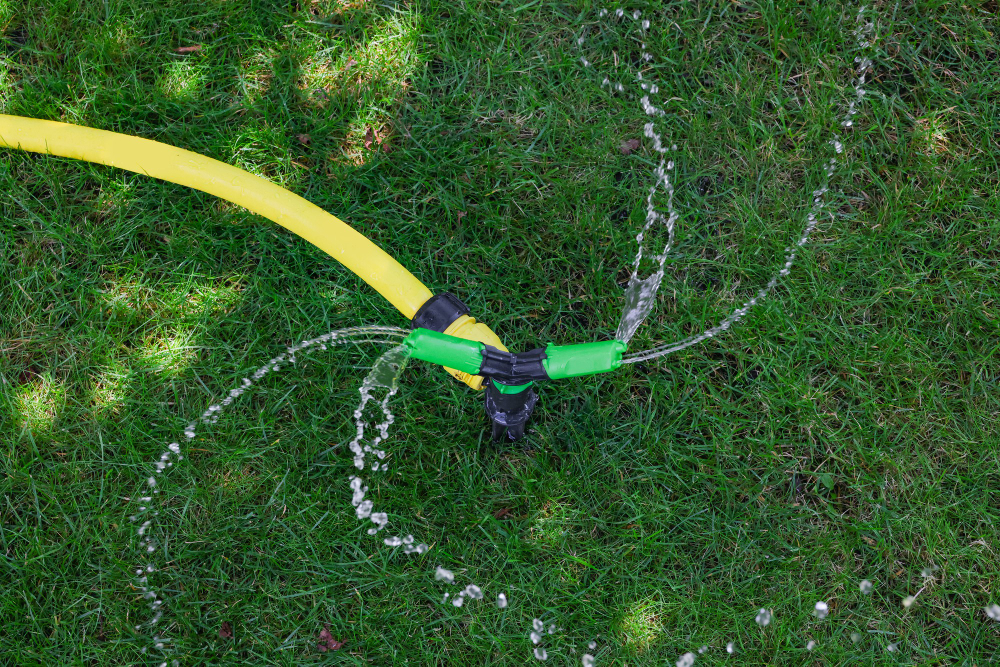 Close Up Garden Automatic Irrigation System Watering Green Grass Lawn Sunny Day High Angle View