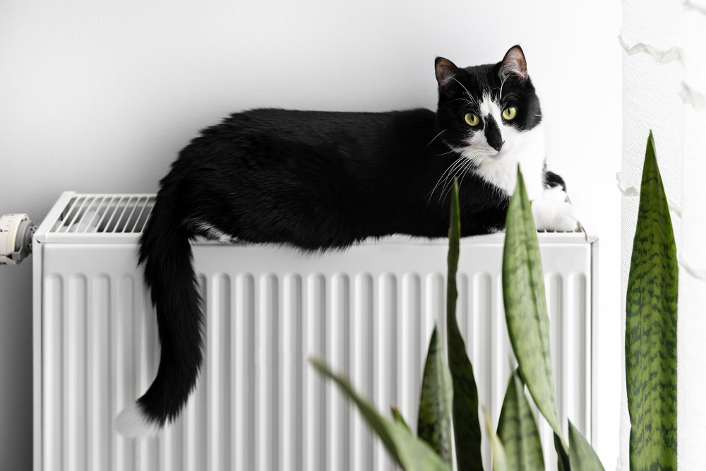 Cat Lies Heating Radiator Near White Wall Foreground Houseplant