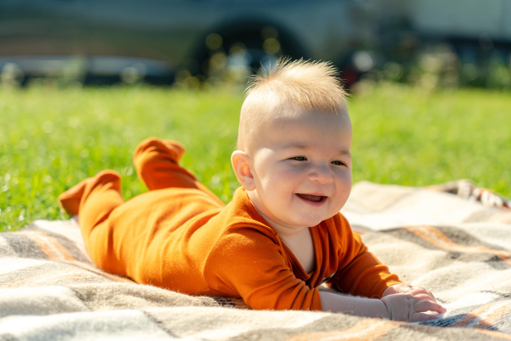 Smiling Baby Lying Blanket Summer Grass
