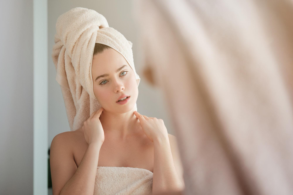 Serene Woman Towel Looking Mirror