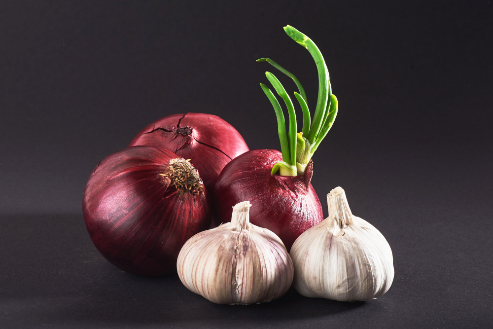 Blue Purple Onion Garlic Isolated White Black