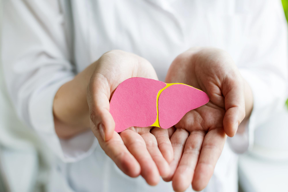 World Hepatitis Day Doctor Woman Holding Her Hands Donation Liver Pink Background