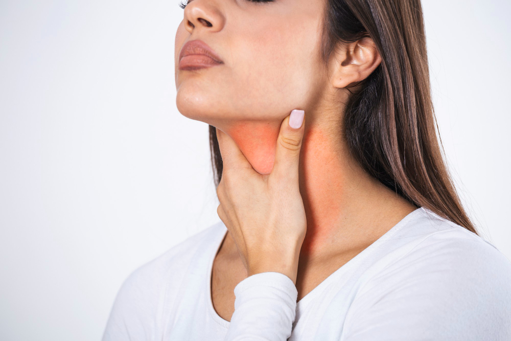 Young Beautiful Woman Suffering From Pain Throat Touching Inflamed Zone Her Neck