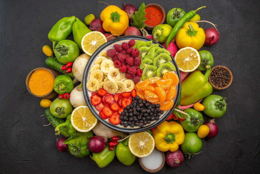 Top View Delicious Fruit Salad Inside Plate With Fresh Fruits Dark Tropical Fruit Tree Exotic Ripe Diet Photo