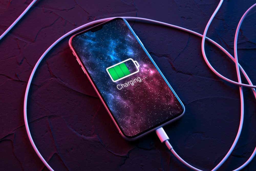 Mobile Smart Phone Wireless Charging Device Dark Neon Red Blue Color Background Icon Battery Charging Progress Lighting Screen Smartphones Connected Power Source Low Battery