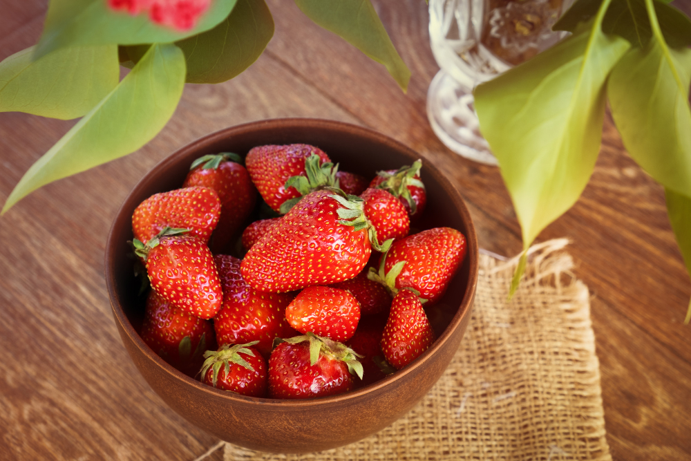 Strawberries Bowl Wooden Table