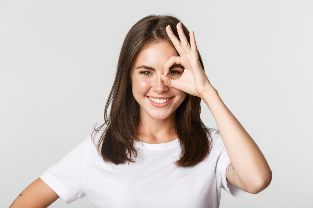 Close Up Attractive Confident Girl Smiling Satisfied Showing Okay Gesture Eye