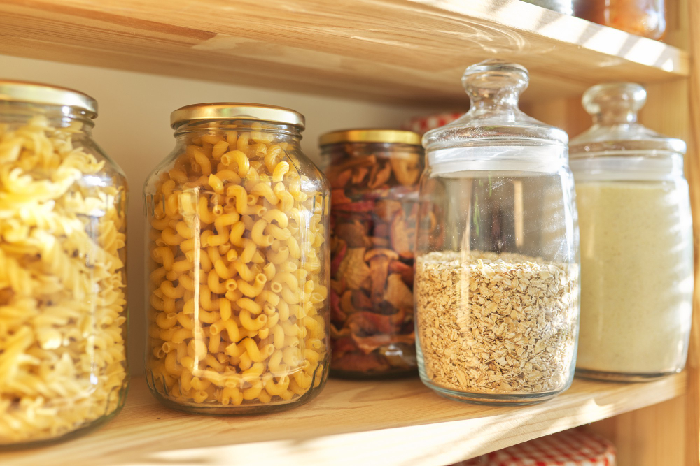 wooden-shelves-pantry-food-storage-grain-products-storage-jars