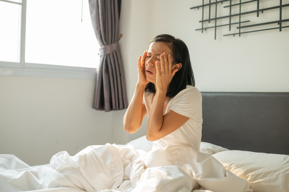 Hangover Girl Sleeps With Headache Unhappy Woman Feeling Headache After Sudden Awakening By Phone Call Alarm Early Morning Exhausted Young Female Suffering From Insomnia Migraine Lying Bed
