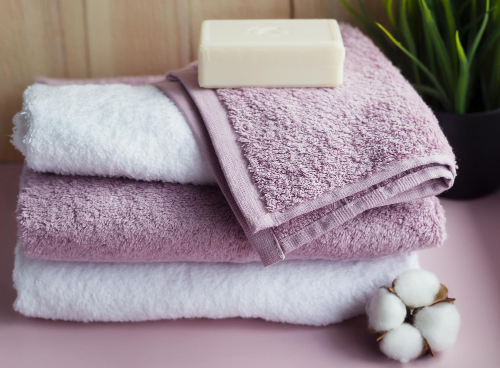 stack-white-pink-towels-with-piece-soap
