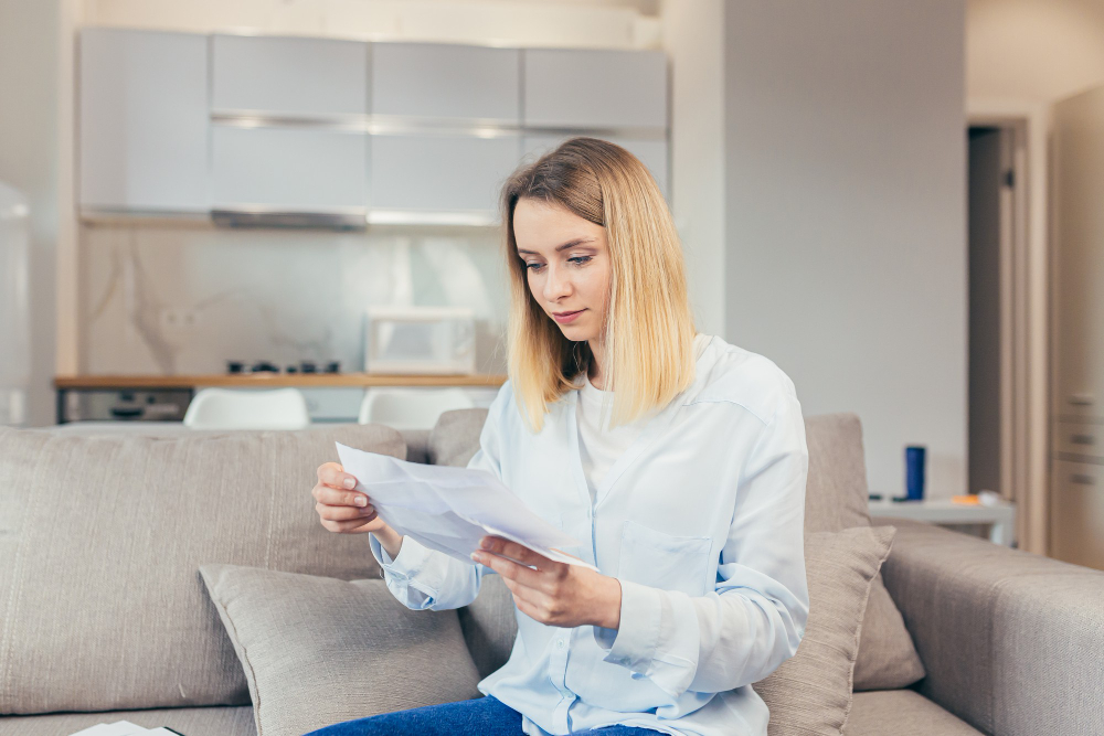 Happy Blonde Woman Sitting Home Couch Happy With Timely Payment Credit Bills Closing Credit Line Received Good News From Bank