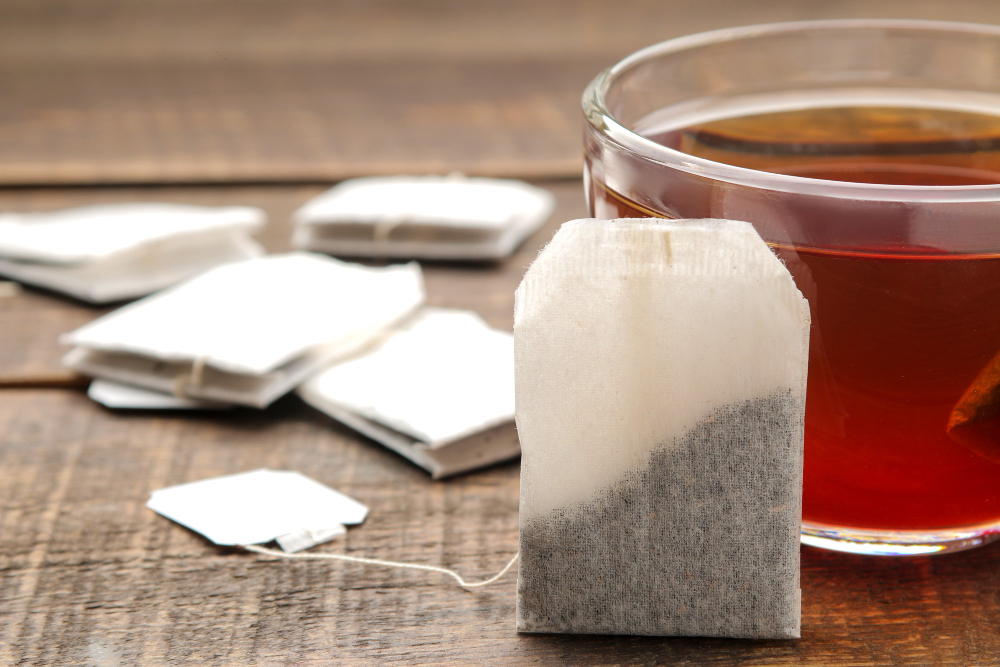 Tea Bag Glass Cup Brown Wooden Background Make Tea