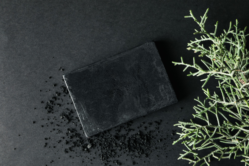 charcoal-soap-thuja-branches-black-background