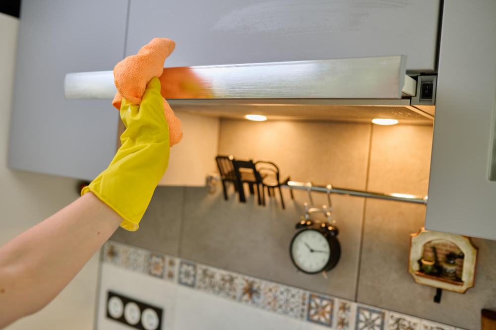 Wiping Electronic Kitchen Hood With Rag From Dirt Dust Grease Girl Doing Kitchen Cleaning