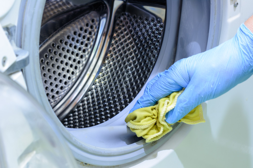 Cleaning Bathroom Woman Is Cleaning Washer Washing Machine With Rag Rubber Gloves Close Up Copy Space