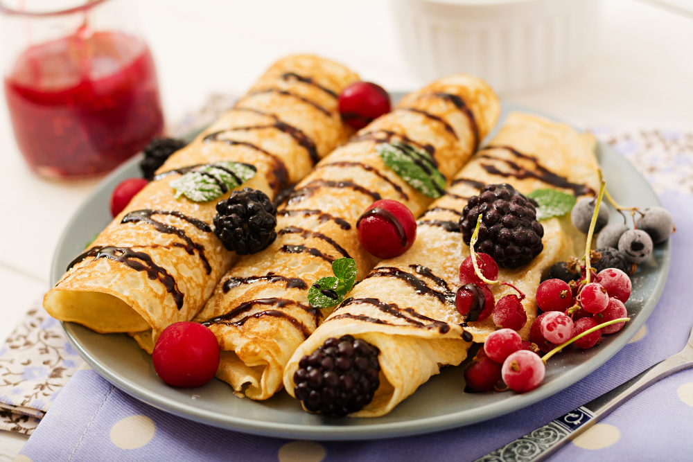 Pancakes With Chocolate Jam Berries Tasty Breakfast