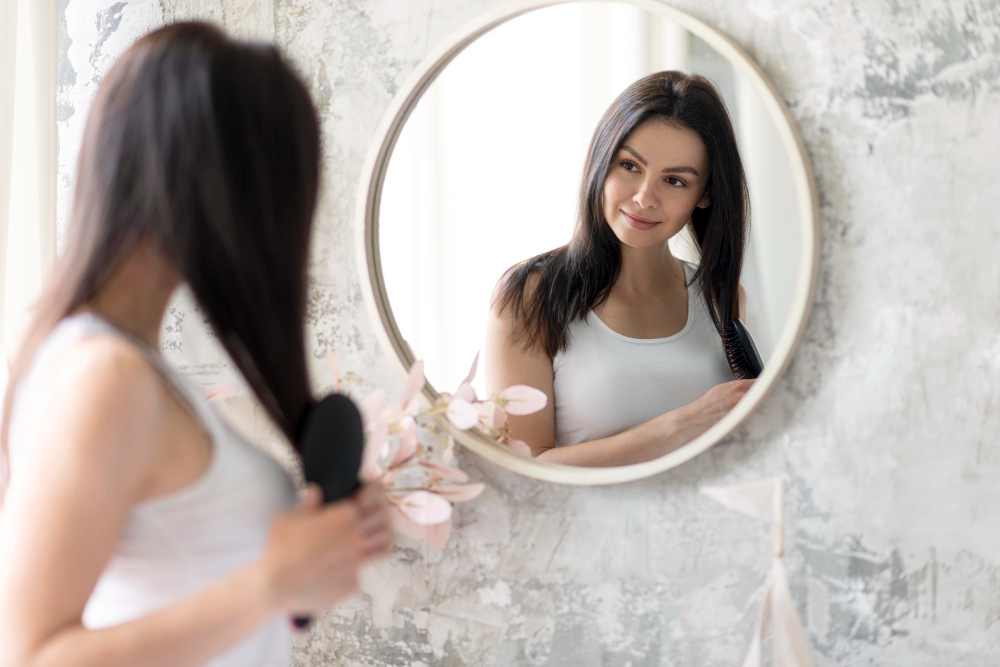 beautiful-woman-arranging-herself-mirror