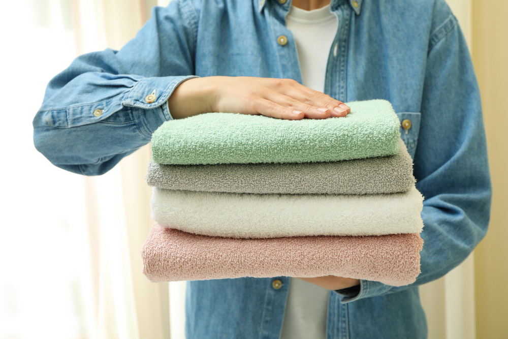 Young Woman Hold Clean Towels Close Up