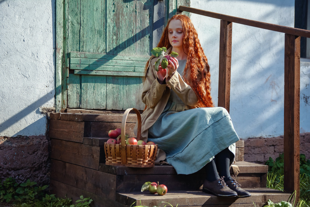 Portrait Beautiful Red Haired Girl With Long Hair With Apples Autumn