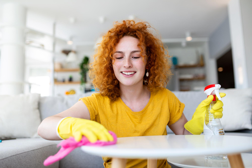 Portrait Beautiful Housewife Cleaning Dust With Protective Yellow Gloves Woman Happy Cleaning Concept