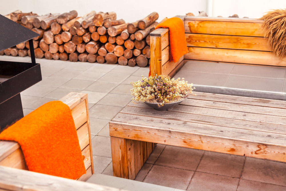 Outdoor Restaurant Terrace With Wooden Furniture