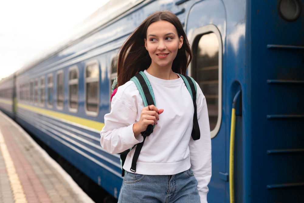 Girl Standing Train With Her Backpack
