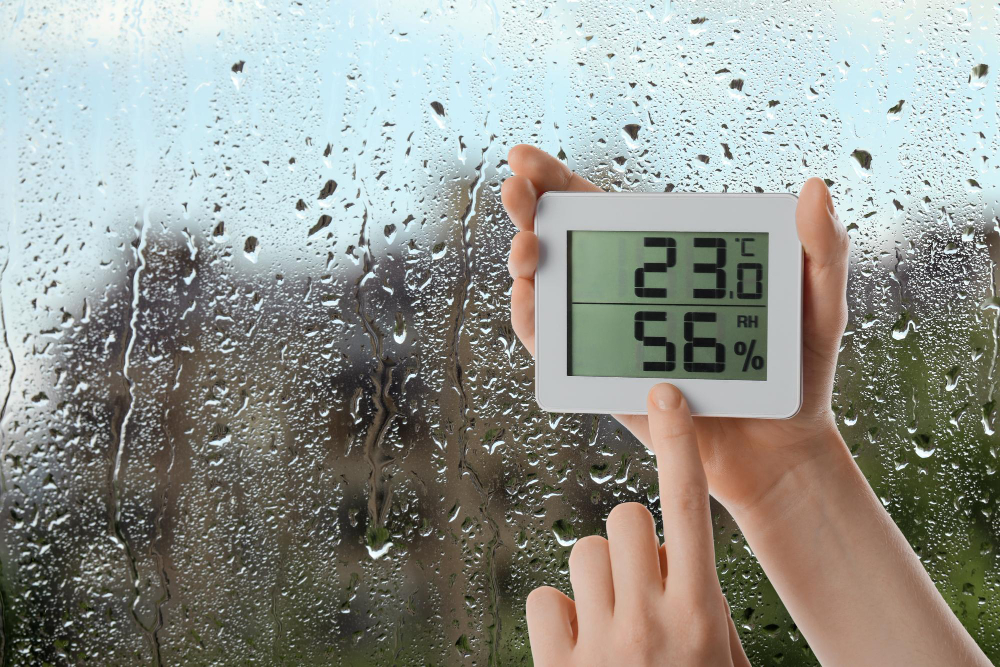 Woman Holding Digital Hygrometer With Thermometer Near Window Rainy Day Closeup Space Text
