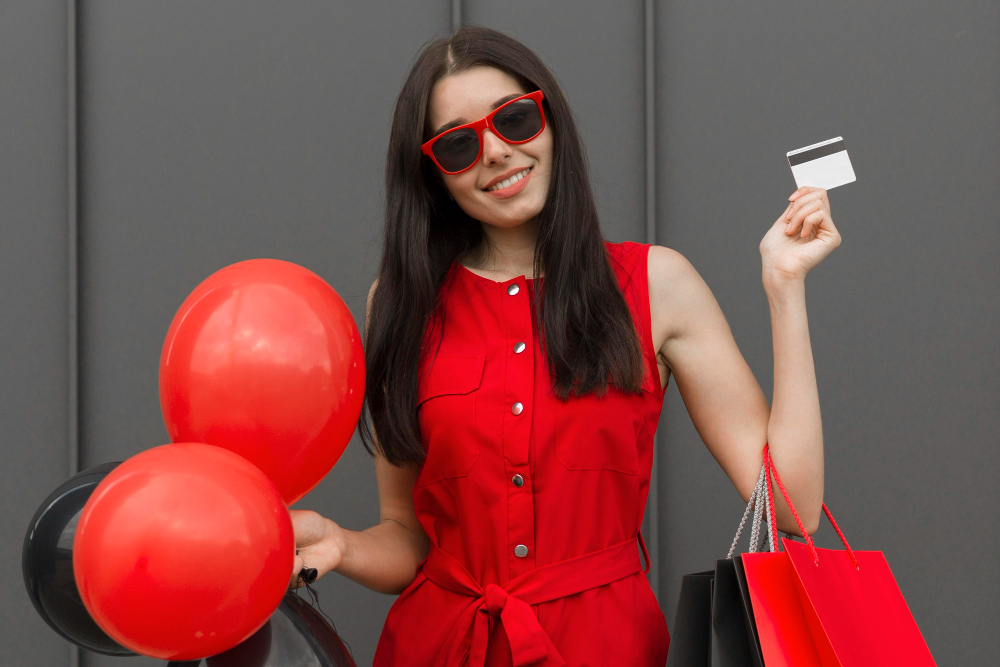 Excited Woman Holding Balloons Shopping Card Medium Shot