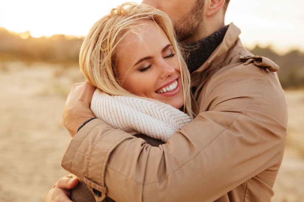 Close Up Portrait Beautiful Couple Love Hugging