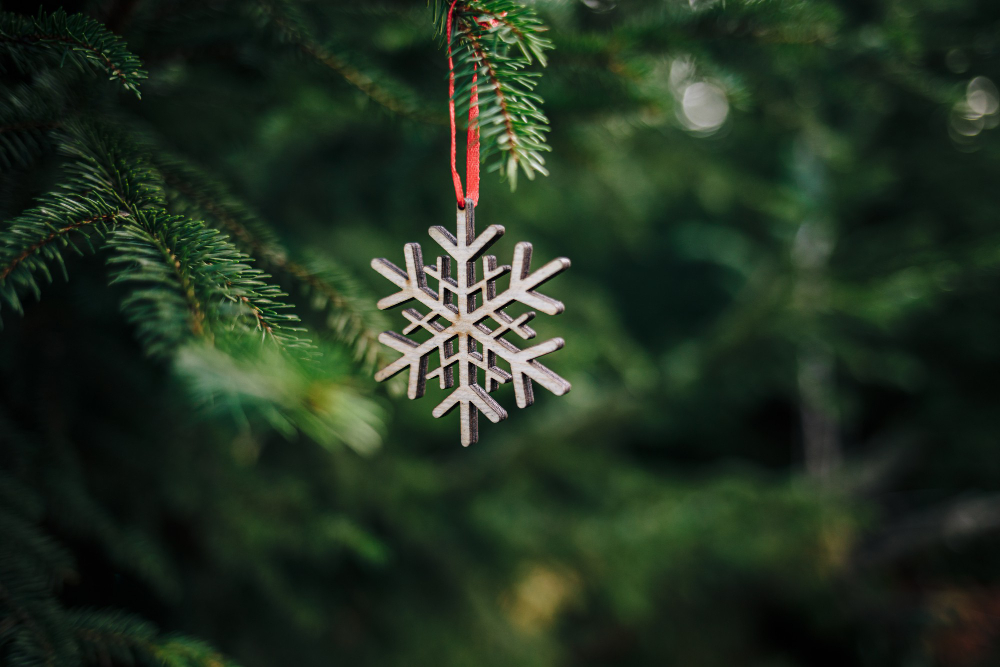 Closeup Wooden Snowflake Shaped Christmas Ornament Pine Tree