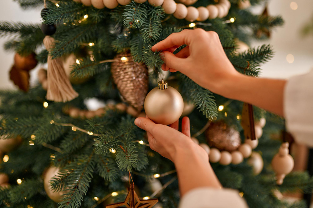 Merry Christmas Happy New Year Women S Hands Decorate Christmas Tree With Balls Toys