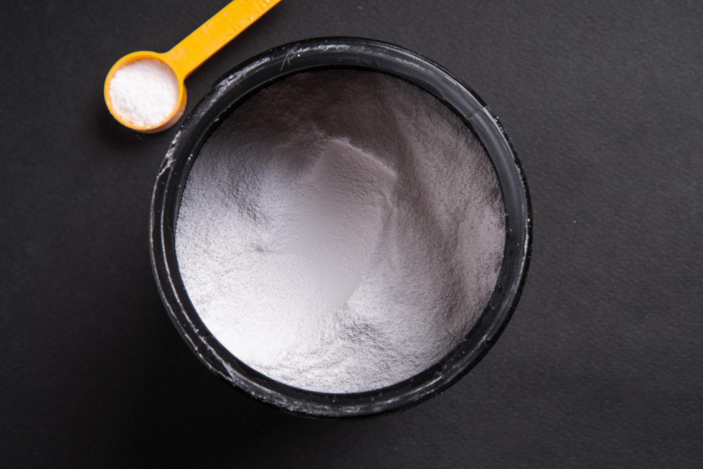 Sports Creatine Container Black Background Closeup View From