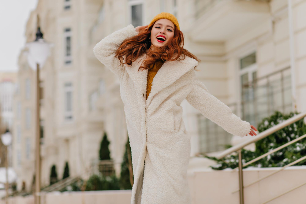 Gorgeous Girl With Pretty Smile Posing Winter Outdoor Photo Romantic Ginger Lady White Coat