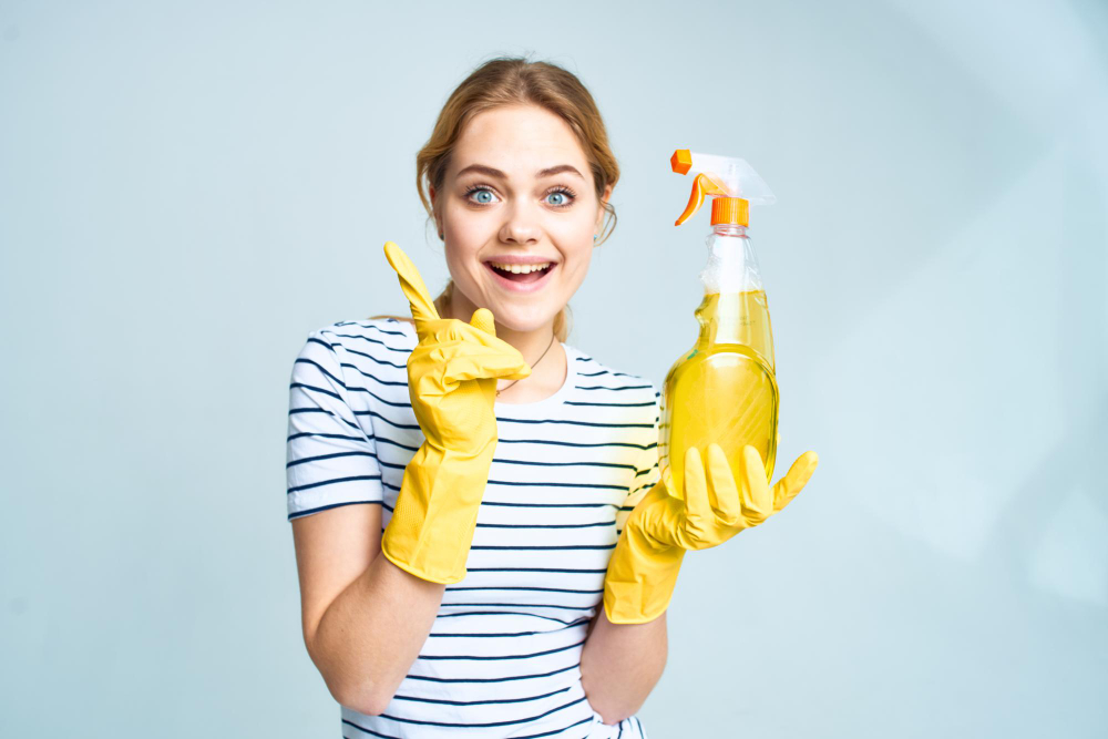 Emotional Woman Cleaning Service Lifestyle Rubber Gloves High Quality Photo