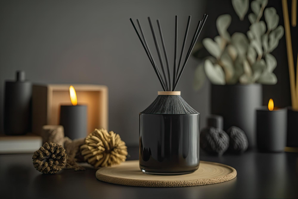 Aromatherapy Mockup Black Scented Candles With Aroma Reed Diffuser Wooden Shelf