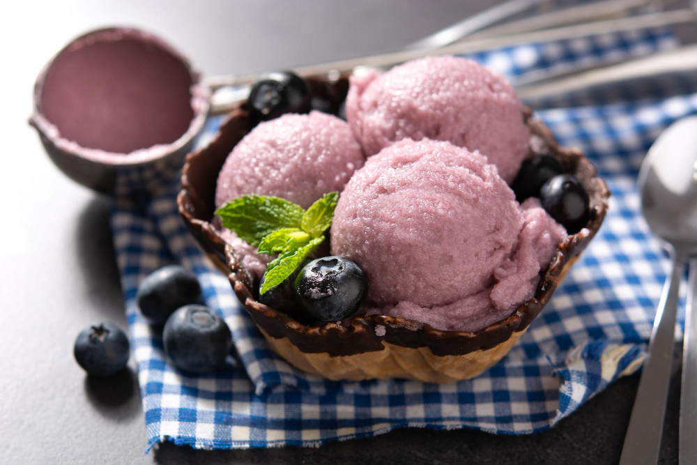 Blueberry Ice Cream Scoops With Waffle Black Background