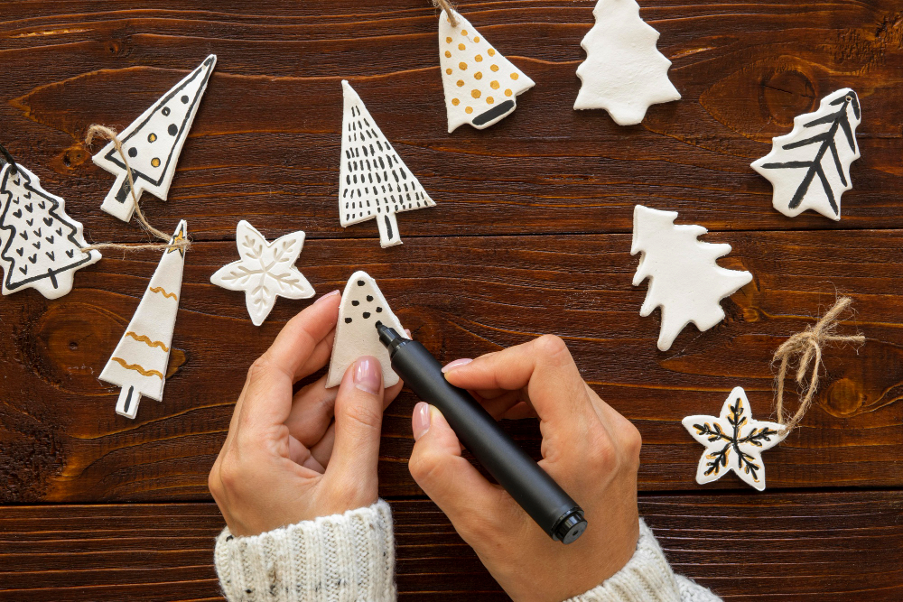 Flay Lay Hands Drawing Christmas Tree Decorations