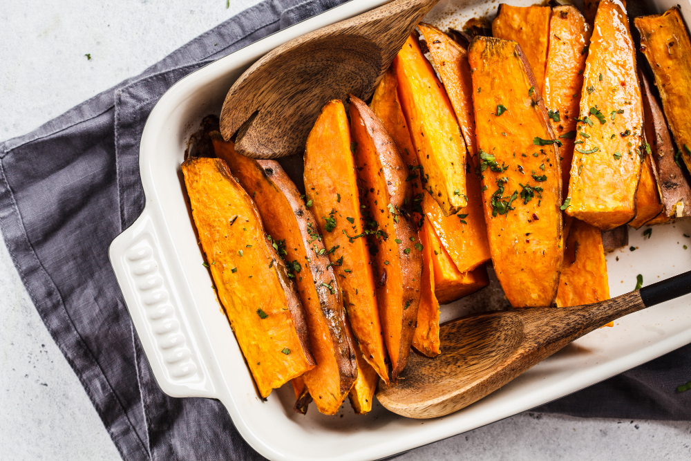 Baked Sweet Potato Slices With Spices Oven Dish Healthy Vegan Food Concept