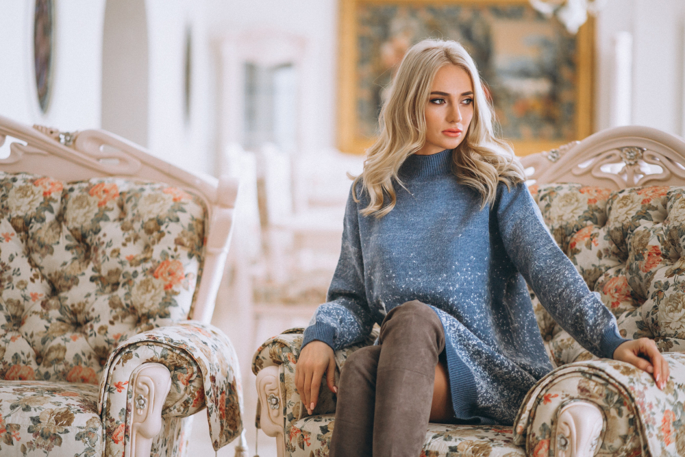 Beautiful Blonde Sitting Sofa