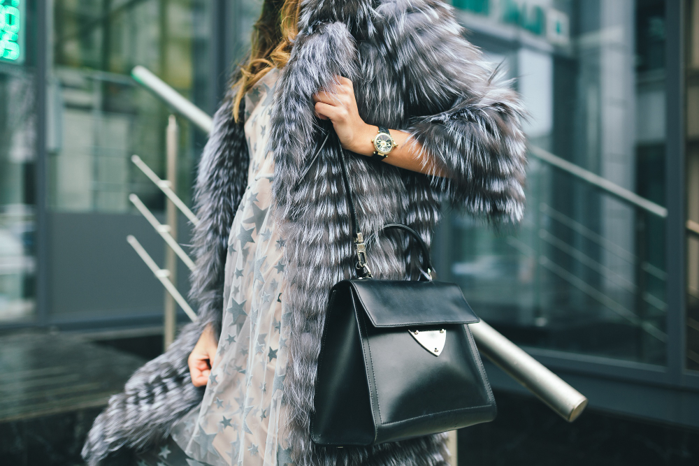 Close Up Accessories Details Stylish Woman Walking City Warm Fur Coat Winter Season Cold Weather Holding Leather Bag Street Fashion Trend