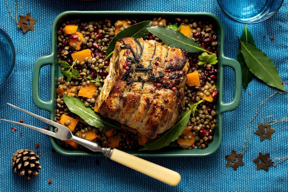 Roasted Christmas Ham With Pomegranate Lentils Food Photography