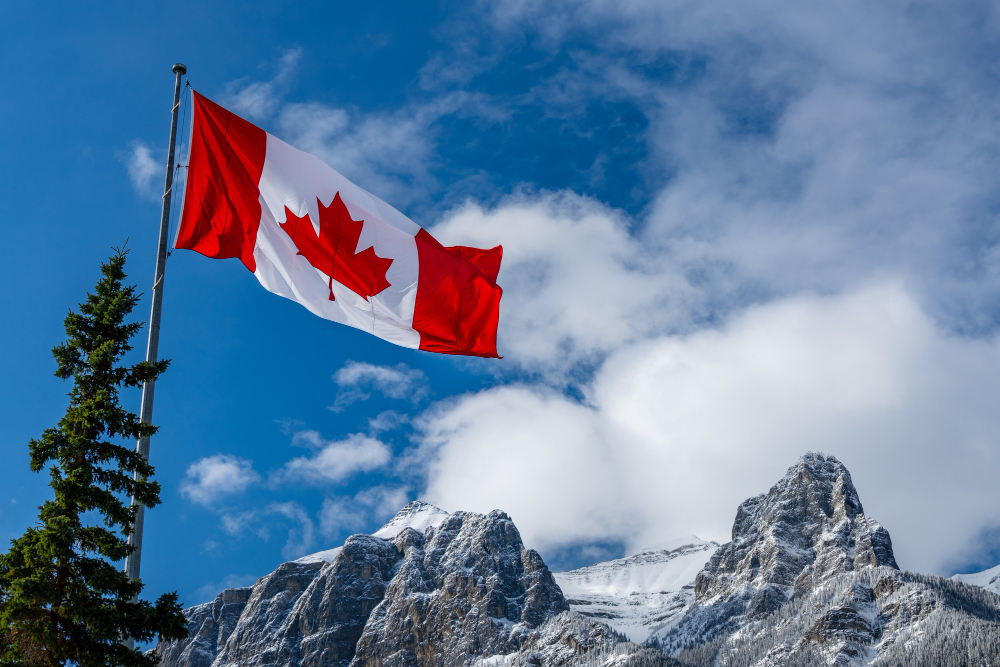 Close Up National Flag Canada With Natural Mountains Trees Scenery Background