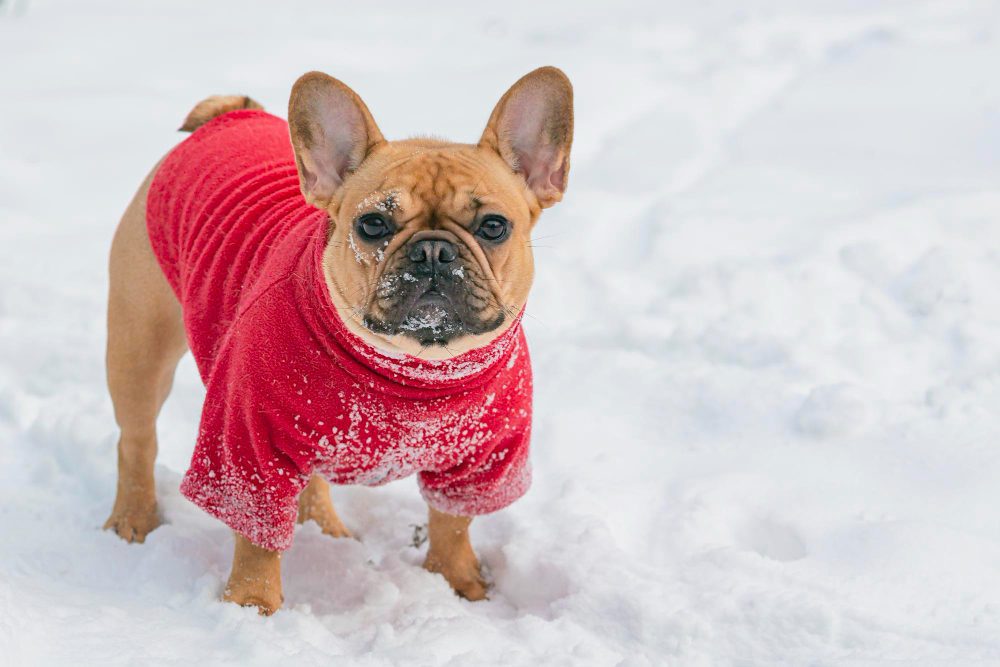 Dog French Bulldog Breed Plays Snow Winter Park