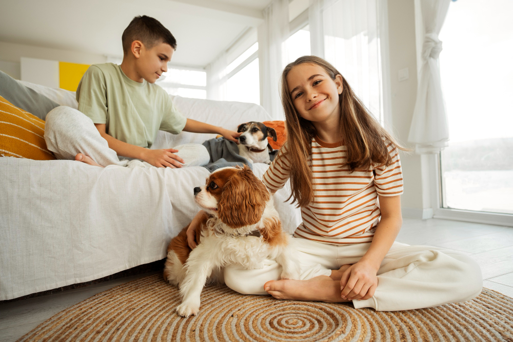 Cousins Spending Time Together Home With Pet Dog